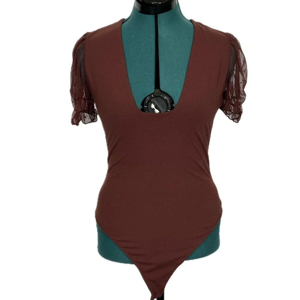 Intimately Free People Bare and Square Bodysuit Medium Puff Sleeve Deep V